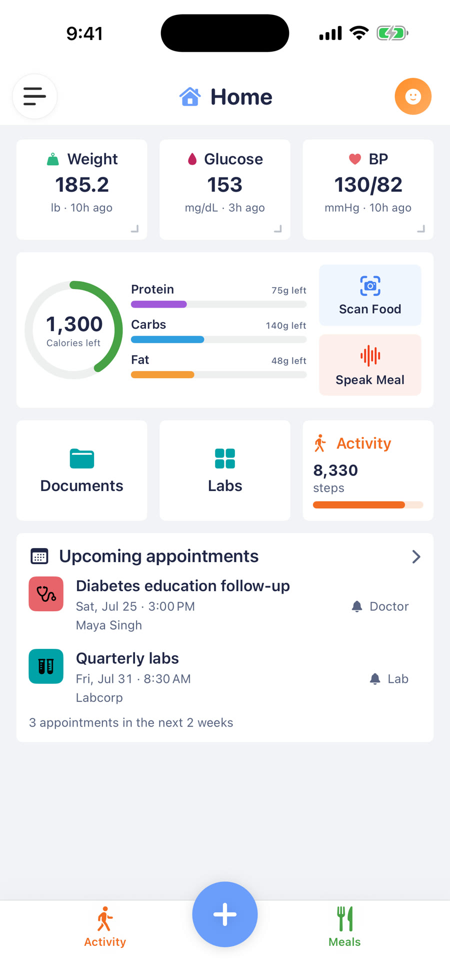 MED Diary Home on iPhone, showing vital summaries, meals, activity, documents, labs, and appointments